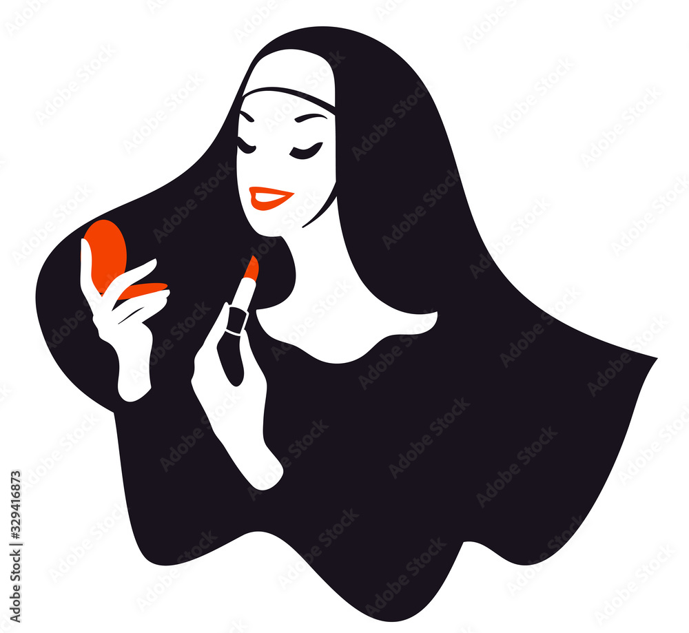 A young pretty nun with a red lipstick doing a makeup, vector illustration, 3 colours.