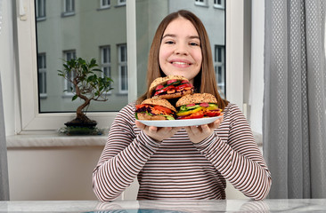 Wall Mural - happy girl with vegan sandwiches