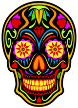 Vector Illustration Of A Colorfully Decorated Black Sugar Skull (calavera).
