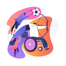 People With Disabilities Doing Sports, Taking Part In Competitions. Archery, Running, Football. Disabled Sports, Adaptive, Parasports. Vector Isolated Concept Metaphor Illustration