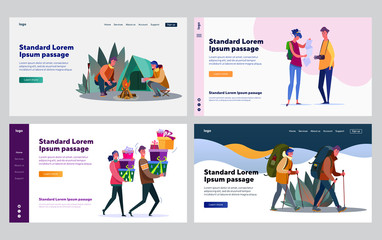  Young couple enjoying time together collection. Adventure travel, hiking, celebration. Flat vector illustrations. Leisure, activity, vacation concept for banner, website design or landing web page