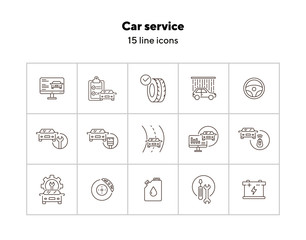 Poster - Car service line icons. Set of line icons. Accumulator, tools, car shower. Car repair concept. Vector illustration can be used for topics like car service, business, advertising