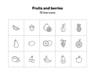 Sticker - Fruits and berries icons. Set of line icons on white background. Watermelon, peach, strawberry. Healthy eating concept. Vector illustration can be used for topics like food, dieting, vegetarian eating