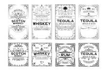 Set Of Scotch Whiskey, Tequila, Rum Labels. Vintage Alcohol Frames For Bottles With Lettering.