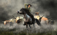 In The American Wild West, A Cowboy On Horseback Rides For His Life. Behind Him, In A Storm Of Dust, A Herd Of Longhorn Cattle Stampedes After Him. 3D Rendering