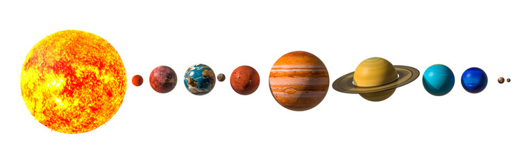 planets of the solar system with pluto, 3d rendering