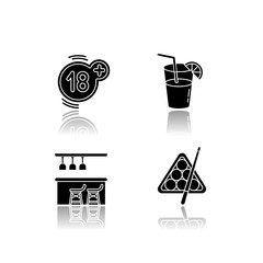 Wall Mural - Adult recreation drop shadow black glyph icons set. Night club recreation activities. Eighteen plus number, cocktail, bar counter and billiards isolated vector illustrations on white space