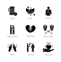 Friends Relationship Black Glyph Icons Set On White Space. Social Connection, Strong Interpersonal Bond Silhouette Symbols. Friendly Communication, Fellowship. Vector Isolated Illustration