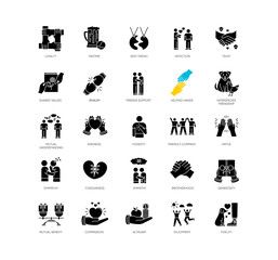 Wall Mural - Friendly relationship black glyph icons set on white space. Friendship, interpersonal communication, emotional bond silhouette symbols. Best friends, buddies vector isolated illustration