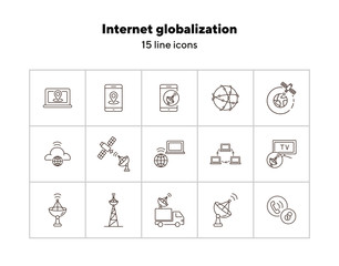 Poster - Internet globalization thin line icon set. Wireless connection, signal transmission, modern technology isolated signs. Communication services concept. Vector illustration symbol elements for and apps.