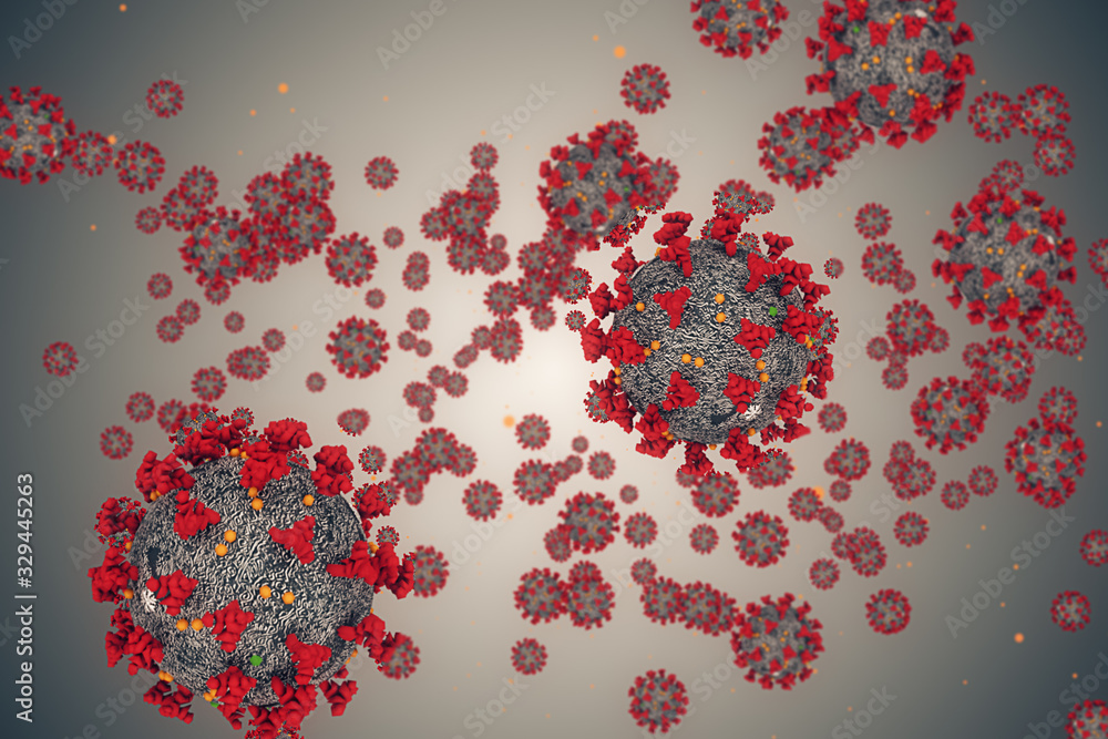 3D rendering, coronavirus cells covid-19 influenza flowing on grey gradient background as dangerous flu strain cases as a pandemic medical health risk concept of disease cells risk - obrazy, fototapety, plakaty 