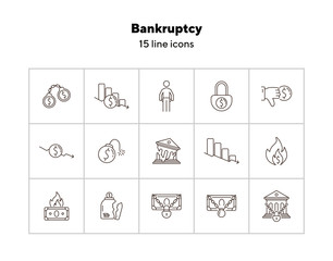 Canvas Print - Bankruptcy icons. Set of line icons on white background. Financial crime, decrease, burning money. Economic depression concept. Vector illustration can be used for topics like finance, banking, money