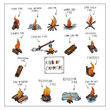 Vector set of campfire types. Drawn in a cartoon style with a contour.. Contour graphics isolated on a white background.For survival instructions, hiking in the forest, scout organizations and camping