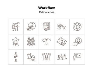 Wall Mural - Workflow line icons. Puzzle of workers, diagram, men speaking. Job concept. Vector illustration can be used for topics like work, business, job