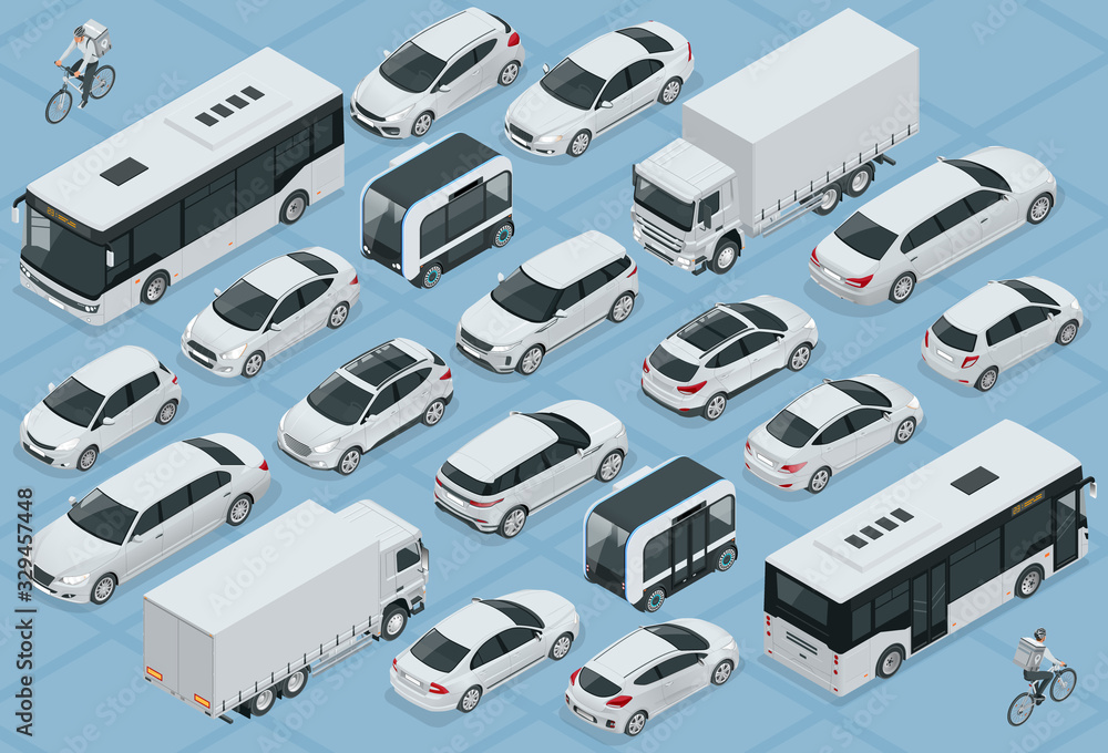 Flat 3d isometric high quality city transport car icon set. Bus, bicycle courier, Sedan, van, cargo truck, off-road, bike, mini and sport cars. Urban public and freight vehihle - obrazy, fototapety, plakaty 