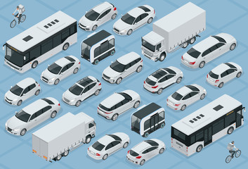flat 3d isometric high quality city transport car icon set. bus, bicycle courier, sedan, van, cargo 