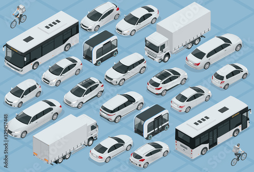 Flat 3d isometric high quality city transport car icon set. Bus, bicycle cour...