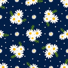 Daisy Seamless Pattern On Dotted Background. Floral Ditsy Print With Small White Flowers With Green Leaves. Chamomile Design. Vector
