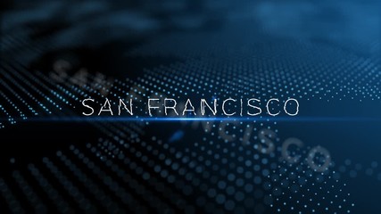 Wall Mural - san francisco modern intro text 3d animation with lens flare and depth of field focus blur series