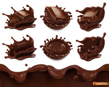 Piece Of Chocolate And Chocolate Splash. Seamless Pattern. 3d Vector Realistic Food Objects Set