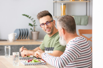 Senior man and his adult son having dinner in kitchen