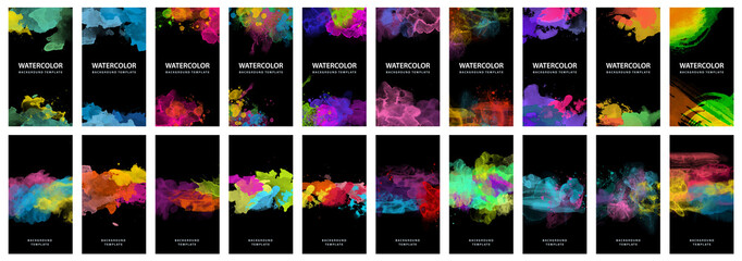 Wall Mural - Big set of bright vector colorful watercolor on black background for poster, brochure or flyer