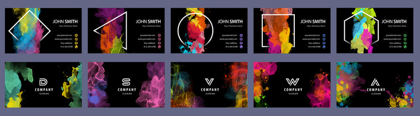Wall Mural - Big set of bright colorful business card template with vector watercolor black background