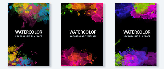 Wall Mural - Set of vibrant vector colorful watercolor on black background for poster, brochure or flyer
