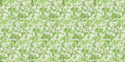 Blossoming white small flowers field in hand drawn style seamless pattern background. Field of baby's breath, Gypsophila flowers, wildflowers background. Great for wallpaper, fabric, textile, gift.