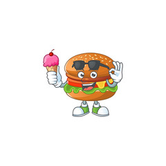 Wall Mural - cartoon character of hamburger enjoying an ice cream