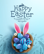 Easter Poster And Banner Template With Easter Eggs In The Nest On Light Blue Background.Greetings And Presents For Easter Day In Flat Lay Styling.Promotion And Shopping Template For Easter