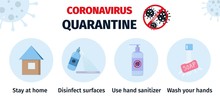 Coronavirus Quarantine. COVID-19 Prevention. Prevention Of Coronavirus Concept. Pandemic Alert.  Stock Vector Illustration. Isolated Icons.