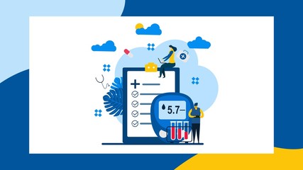 Wall Mural - Landing page with blood glucose testing meter,diabetes and insulin production concept vector. Tiny People Character Concept Vector Illustration,