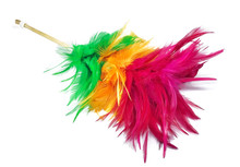 Colorful Feather Duster With Rattan Wood Handle, Isolated On White Background.