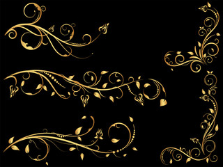 Set of gold vintage floral ornament, Hand drawn decorative element, vector illustration of floral element isolated on black background, design for page decoration cards, wedding, banner, frames