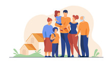 Big Family Meeting. Couple With Senior Parents And Two Kids Standing Together At Suburban House. Vector Illustration For Love, Togetherness, Lifestyle Concept