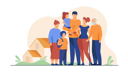 Big family meeting. Couple with senior parents and two kids standing together at suburban house. Vector illustration for love, togetherness, lifestyle concept