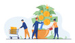 © SurfupVector - People growing money tree. Investors watering plant with cash, getting revenue. Vector illustration for business, finance, investment, growth, prosperity concept