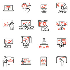 Vector set of linear icons related to gathering, analytics information, development statistic, expertise and consulting. Mono line pictograms and infographics design elements