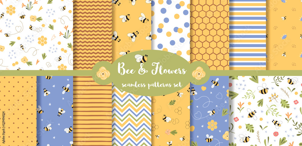 Bee seamless pattern collection Summer set Cute flying bees flowers ...
