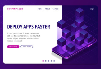 Deploy apps faster isometric landing page. Application containerization and modular software development with square blocks on mobile phone screen, blockchain containers, abstract vector 3d web banner