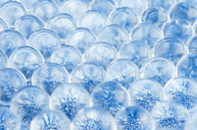 Abstract Blue Balls Background For Science - Glass Spheres With Glowing Glitter, Pattern, Closeup, Blur.