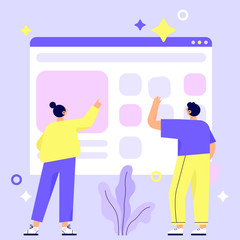Website construction, web page building process. Design for mobile and web graphics. Teamwork. Flat vector illustration.