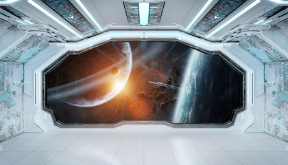 white blue spaceship futuristic interior with window view on space and planets 3d rendering