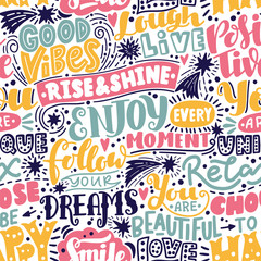 lettering seamless pattern positive words. sweet cute inspiration typography. for textile, wrapping 