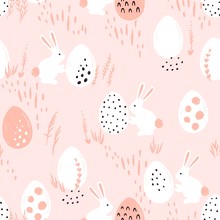 Easter Eggs And Rabbits In Seamless Composition. Doodle Pattern With Holiday Symbols. Vector Illustration For Wrapping Paper, Textile Or Cover.