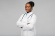 © Syda Productions - medicine, profession and healthcare concept - happy smiling african american female doctor in white coat with stethoscope over background