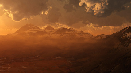 Wall Mural - Rugged snowy mountain landscape during cloudy sunset. Digitally generated image.