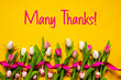 © Nelos - English Text Many Thanks. White And Pink Tulip Spring Flowers With Ribbon And Easter Egg Decoration. Yellow Wooden Background