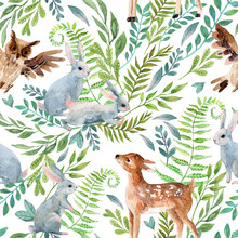 Watercolor Baby Deer, Owl, Little Rabbits On Wild Herbs And Flowers Background